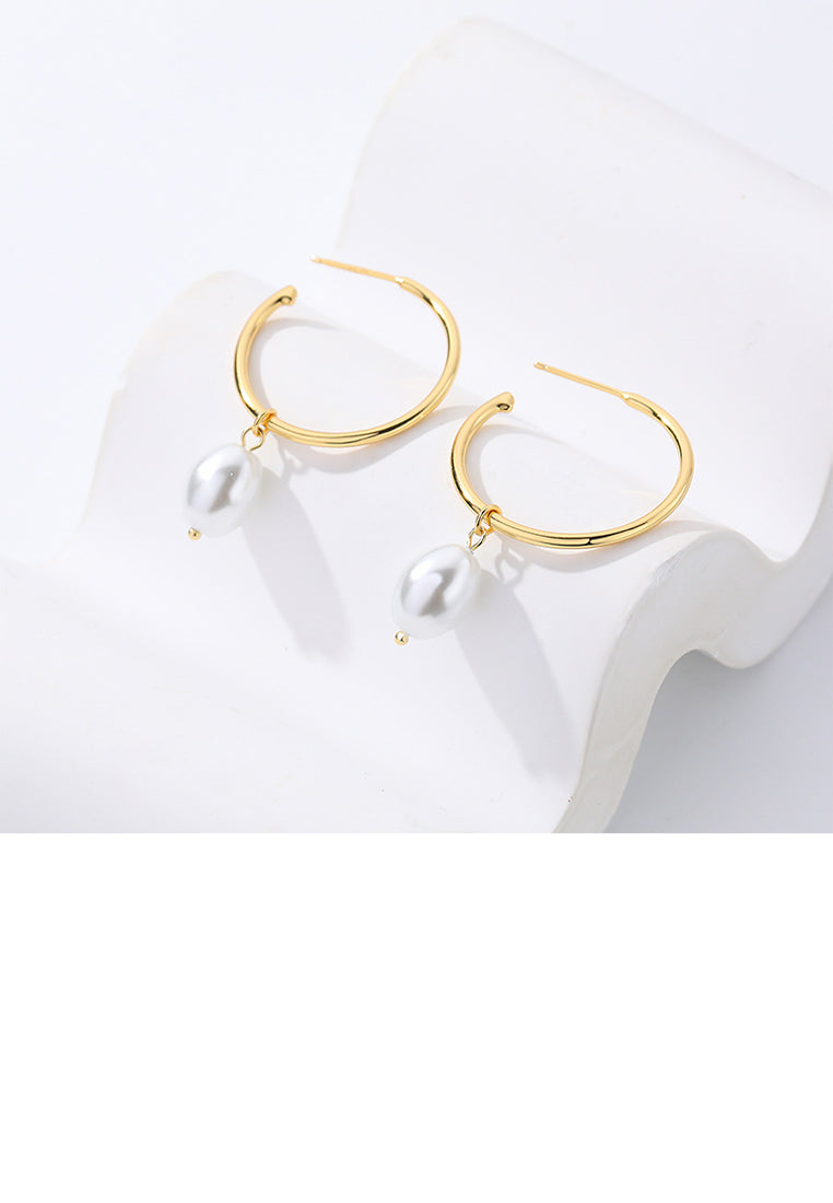 925 Sterling Silver Plated Gold Simple Elegant C Shape Geometric Imitation Pearl Earrings - Luxurious Look