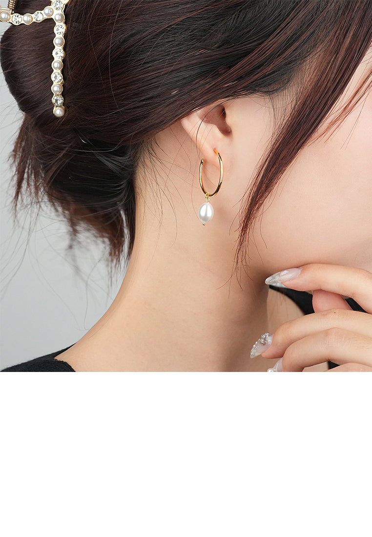 925 Sterling Silver Plated Gold Simple Elegant C Shape Geometric Imitation Pearl Earrings - Luxurious Look