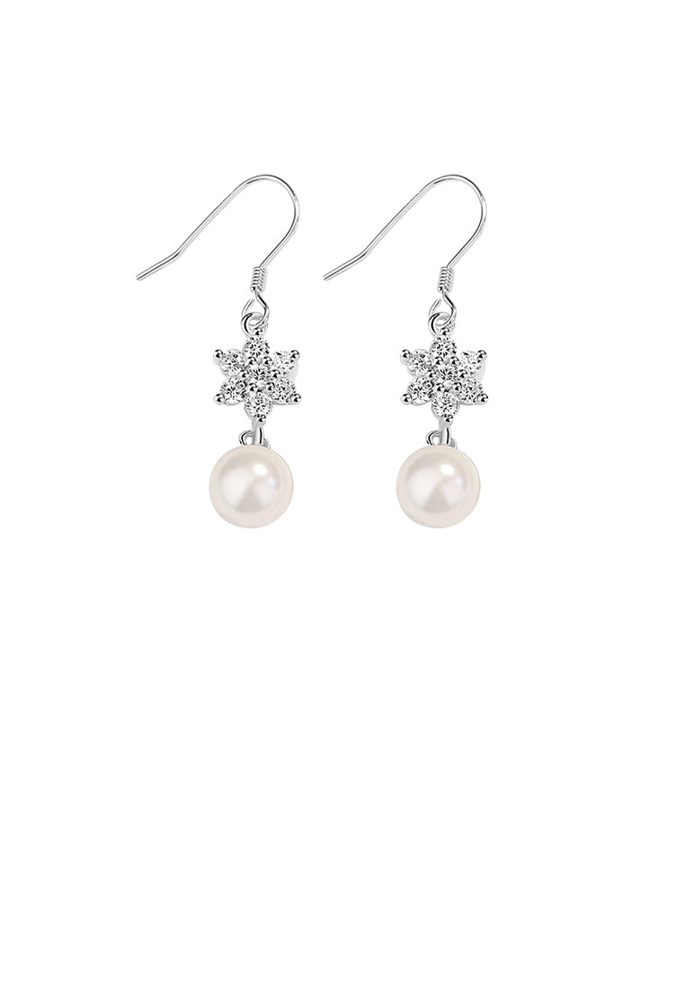 925 Sterling Silver Fashion and Elegant Snowflake Imitation Pearl Tassel Earrings with Cubic Zirconia - Luxurious Look
