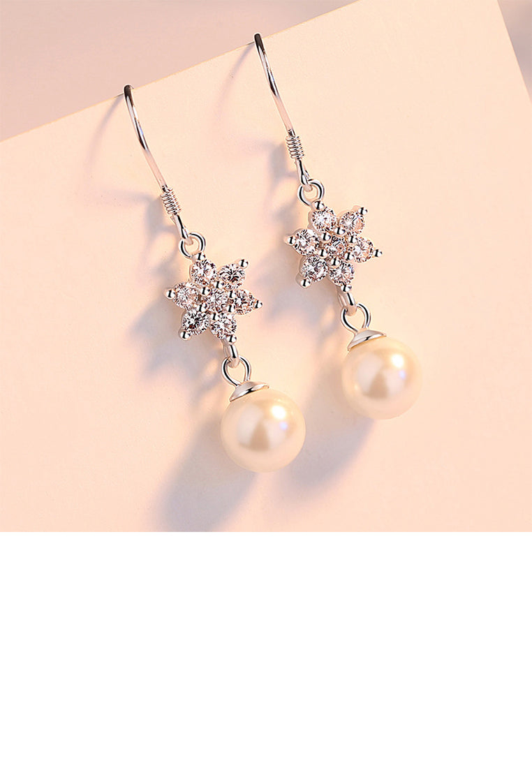 925 Sterling Silver Fashion and Elegant Snowflake Imitation Pearl Tassel Earrings with Cubic Zirconia - Luxurious Look