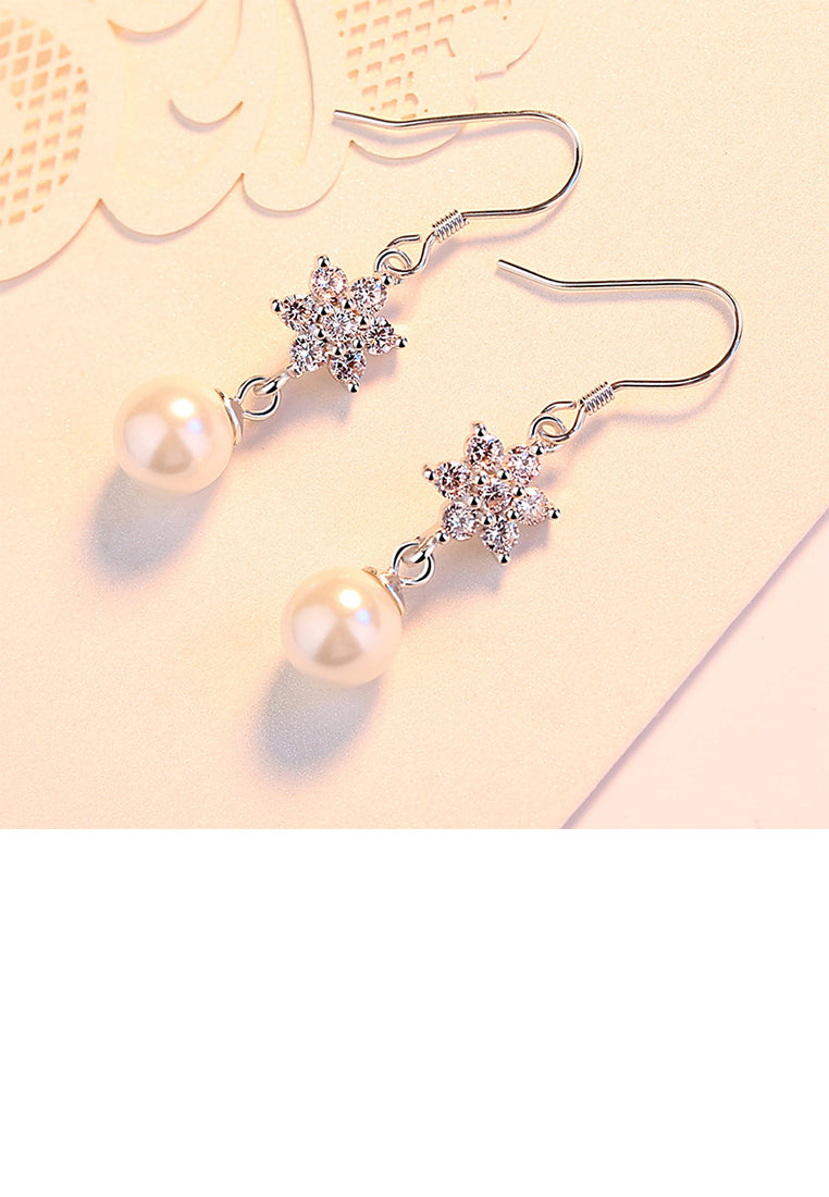 925 Sterling Silver Fashion and Elegant Snowflake Imitation Pearl Tassel Earrings with Cubic Zirconia - Luxurious Look
