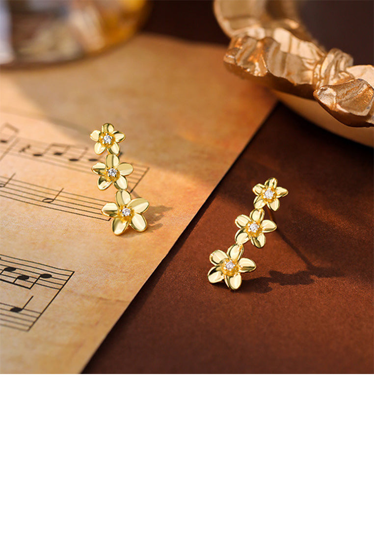 925 Sterling Silver Plated Gold Simple Fashion Flower Tassel Stud Earrings with Cubic Zirconia - Luxurious Look