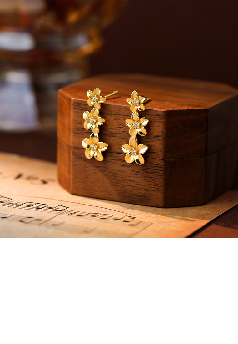 925 Sterling Silver Plated Gold Simple Fashion Flower Tassel Stud Earrings with Cubic Zirconia - Luxurious Look