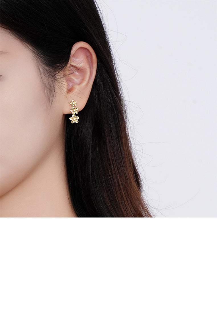 925 Sterling Silver Plated Gold Simple Fashion Flower Tassel Stud Earrings with Cubic Zirconia - Luxurious Look
