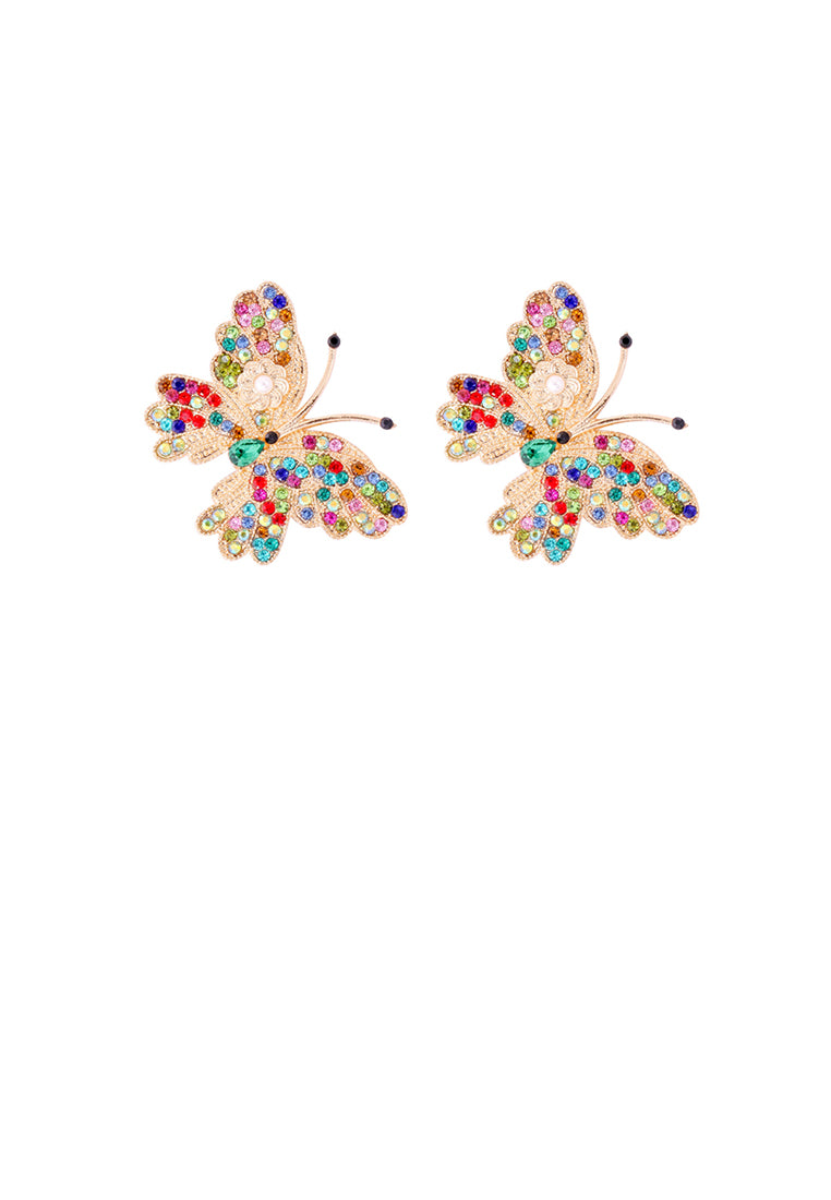 Simple Brilliant Plated Gold Butterfly Stud Earrings with Colored Cubic Zirconia - Luxurious Look