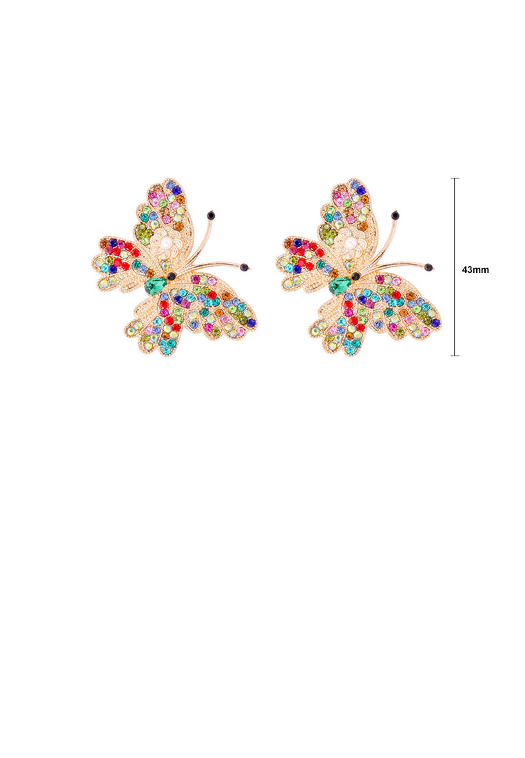 Simple Brilliant Plated Gold Butterfly Stud Earrings with Colored Cubic Zirconia - Luxurious Look