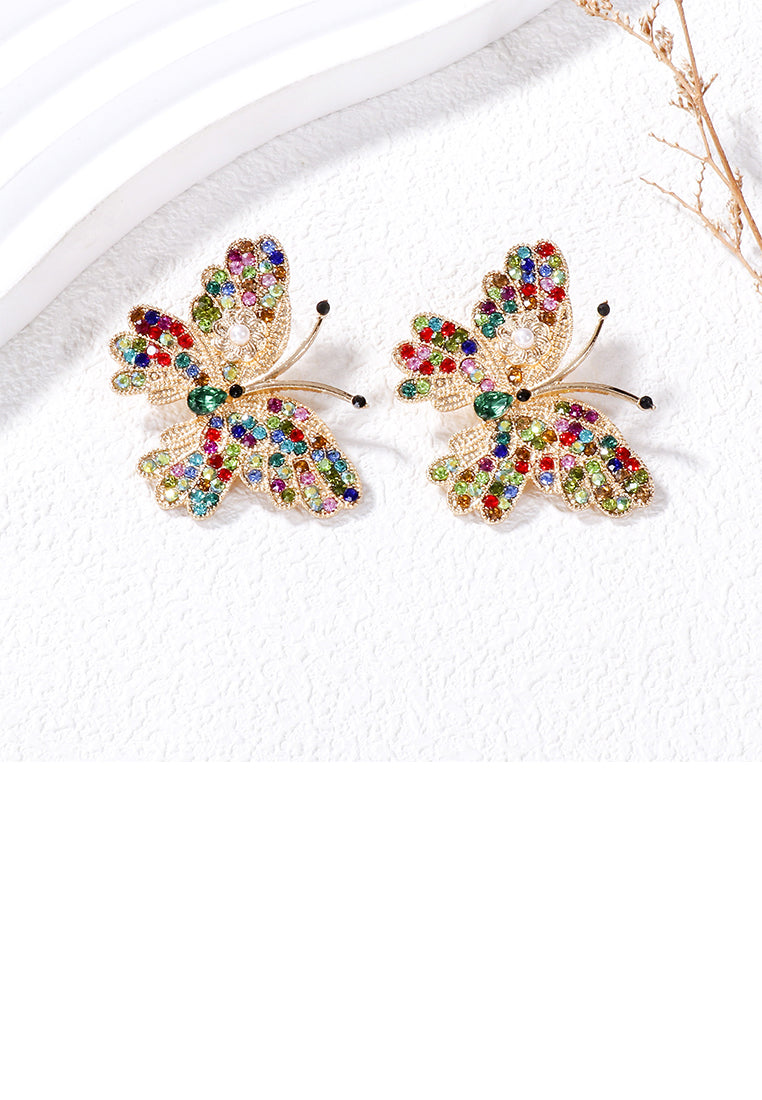 Simple Brilliant Plated Gold Butterfly Stud Earrings with Colored Cubic Zirconia - Luxurious Look