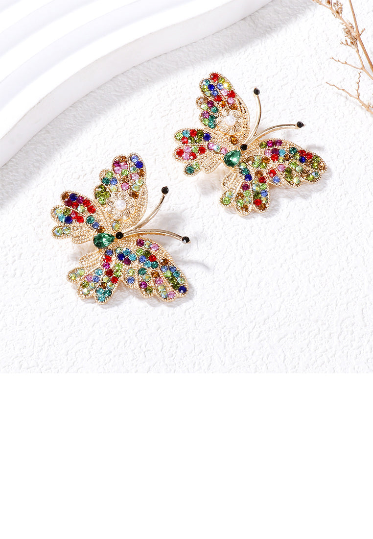 Simple Brilliant Plated Gold Butterfly Stud Earrings with Colored Cubic Zirconia - Luxurious Look