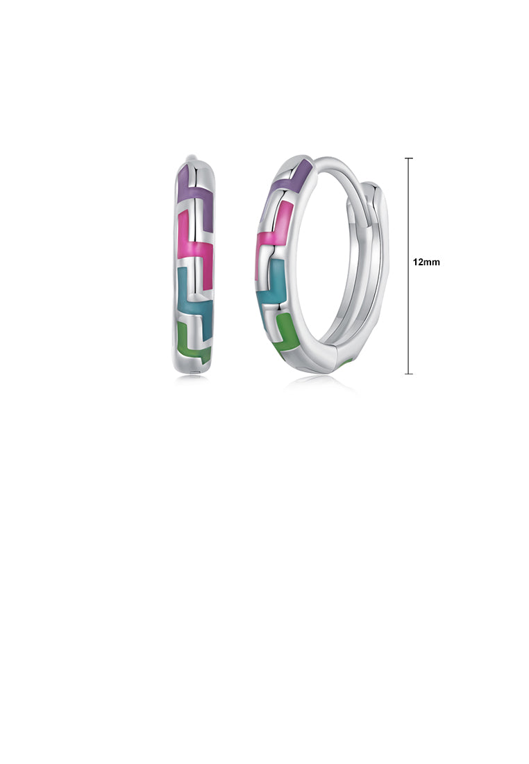 925 Sterling Silver Simple Personalized Enamel Colorful Line Pattern Geometric Circle Earrings