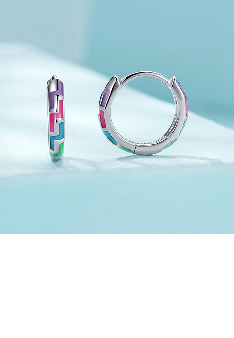 925 Sterling Silver Simple Personalized Enamel Colorful Line Pattern Geometric Circle Earrings