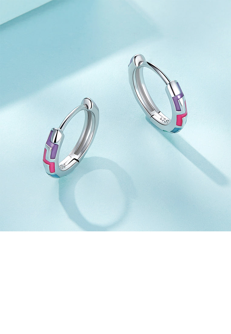 925 Sterling Silver Simple Personalized Enamel Colorful Line Pattern Geometric Circle Earrings