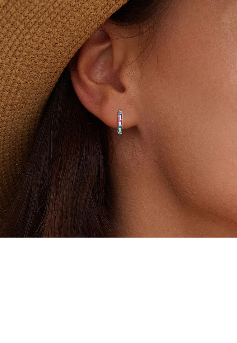 925 Sterling Silver Simple Personalized Enamel Colorful Line Pattern Geometric Circle Earrings