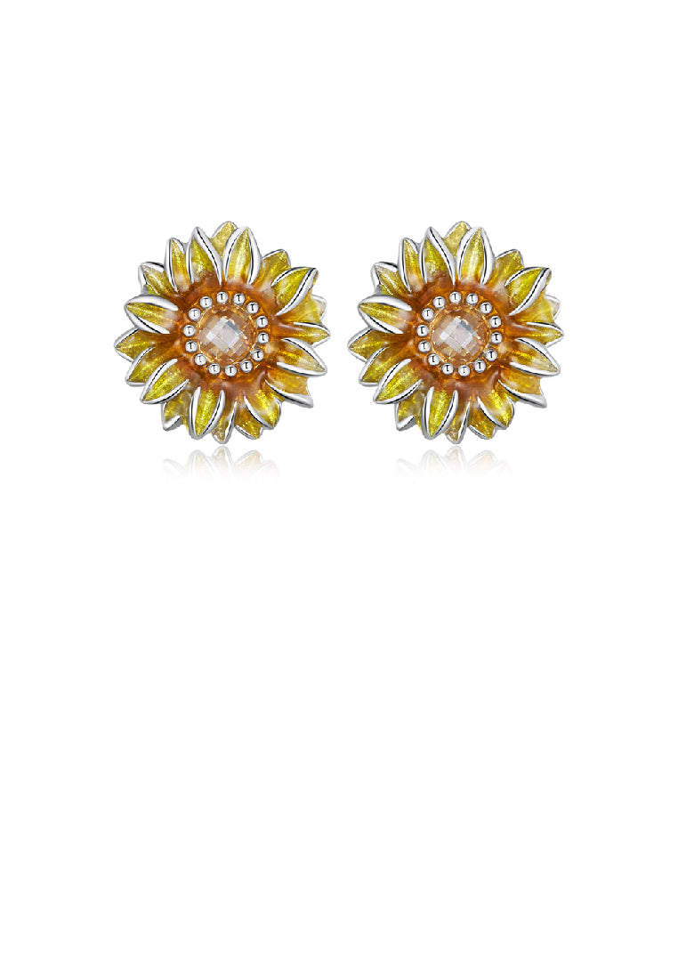 925 Sterling Silver Fashion Simple Enamel Sunflower Stud Earrings with Cubic Zirconia - Luxurious Look