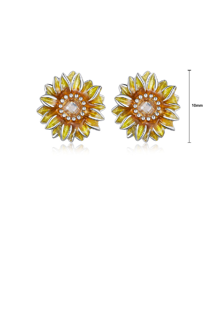 925 Sterling Silver Fashion Simple Enamel Sunflower Stud Earrings with Cubic Zirconia - Luxurious Look