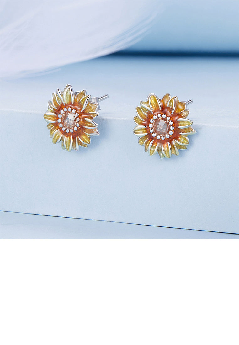 925 Sterling Silver Fashion Simple Enamel Sunflower Stud Earrings with Cubic Zirconia - Luxurious Look