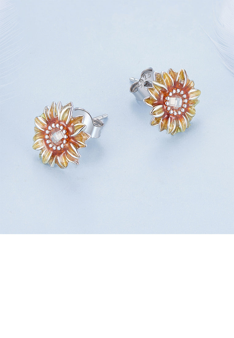925 Sterling Silver Fashion Simple Enamel Sunflower Stud Earrings with Cubic Zirconia - Luxurious Look
