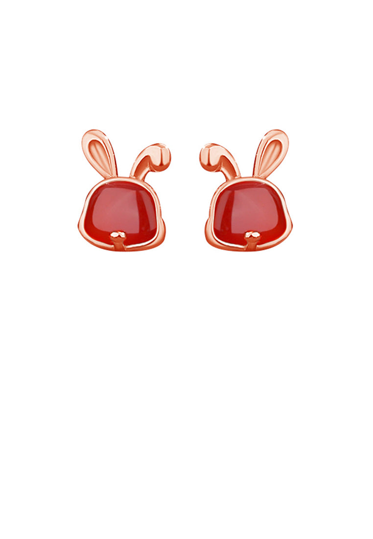 925 Sterling Silver Plated Rose Gold Simple and Cute Twelve Zodiac Rabbit Imitation Agate Stud Earrings