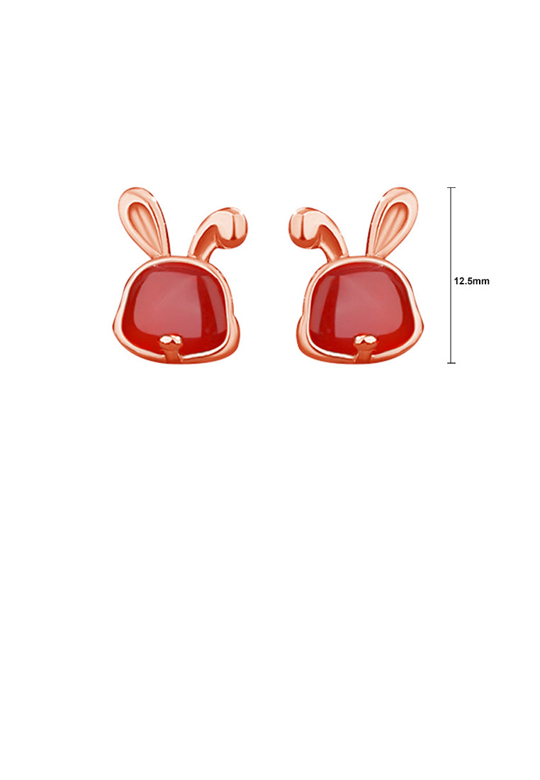 925 Sterling Silver Plated Rose Gold Simple and Cute Twelve Zodiac Rabbit Imitation Agate Stud Earrings