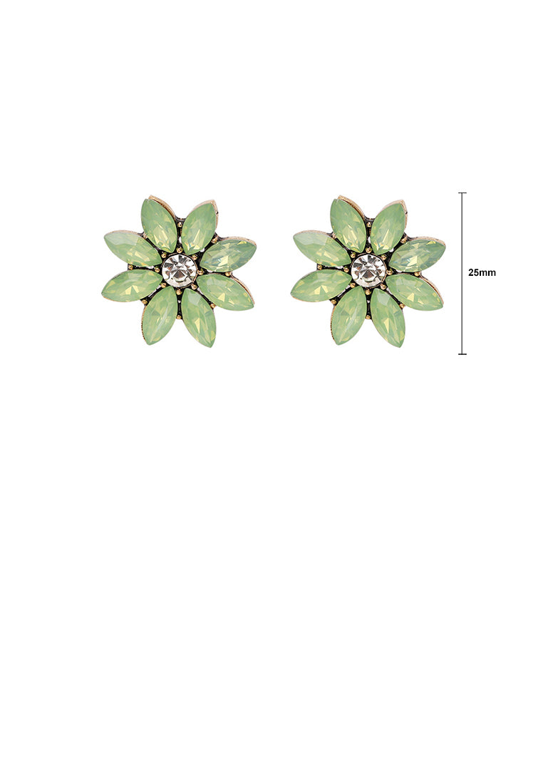 Simple and Fashion Plated Gold Flower Stud Earrings with Light Green Cubic Zirconia - Luxurious Look