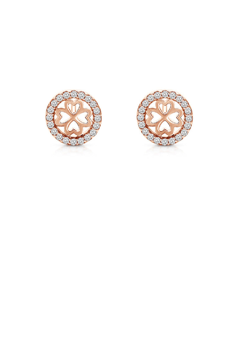 925 Sterling Silver Plated Rose Gold Fashion Simple Hollow Four-leafed Clover Geometric Round Stud Earrings with Cubic Zirconia - Luxurious Look