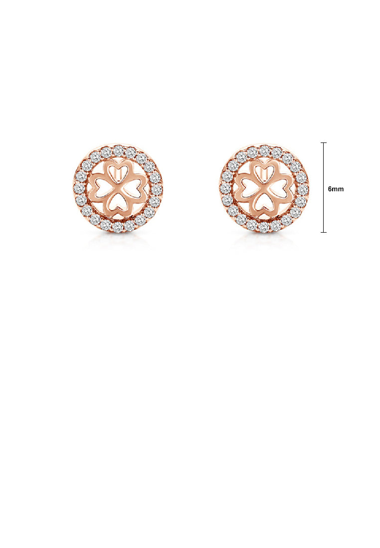 925 Sterling Silver Plated Rose Gold Fashion Simple Hollow Four-leafed Clover Geometric Round Stud Earrings with Cubic Zirconia - Luxurious Look