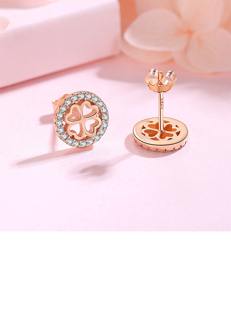 925 Sterling Silver Plated Rose Gold Fashion Simple Hollow Four-leafed Clover Geometric Round Stud Earrings with Cubic Zirconia - Luxurious Look