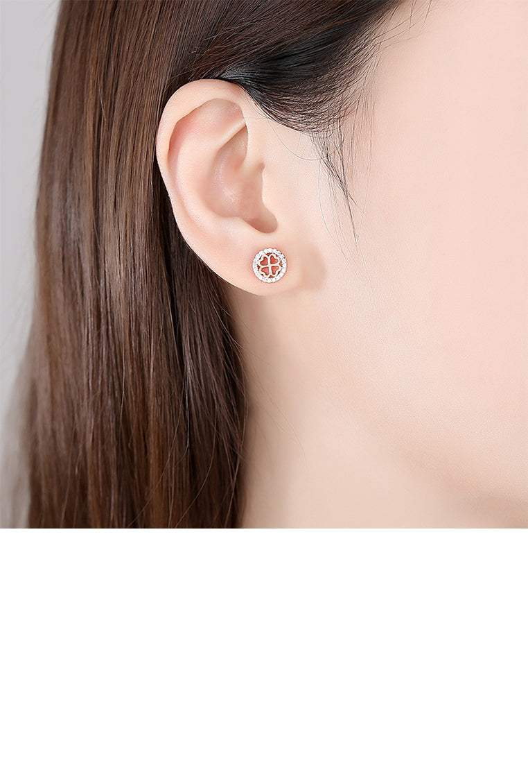 925 Sterling Silver Plated Rose Gold Fashion Simple Hollow Four-leafed Clover Geometric Round Stud Earrings with Cubic Zirconia - Luxurious Look