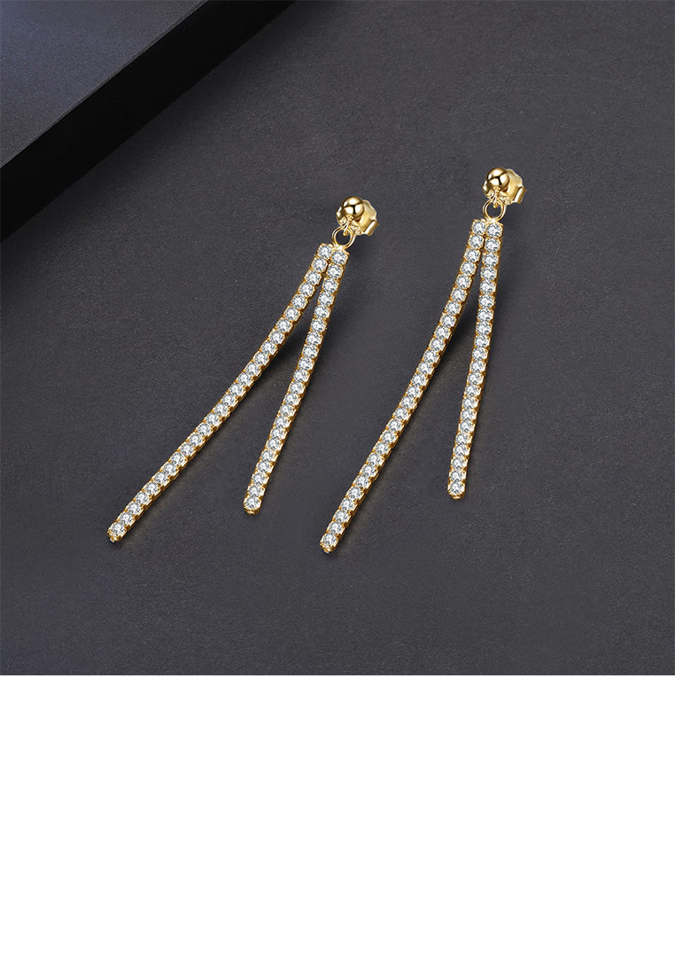 925 Sterling Silver Plated Gold Simple Brilliant Geometric Tassel Earrings with Cubic Zirconia - Luxurious Look