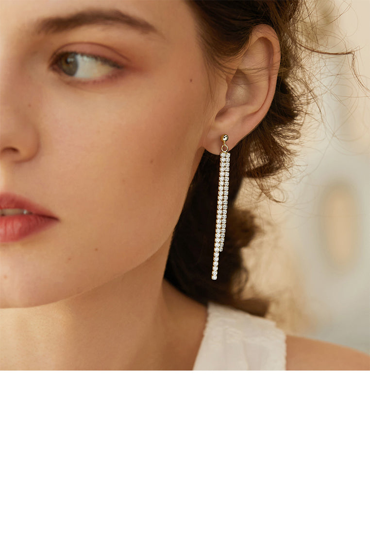 925 Sterling Silver Plated Gold Simple Brilliant Geometric Tassel Earrings with Cubic Zirconia - Luxurious Look