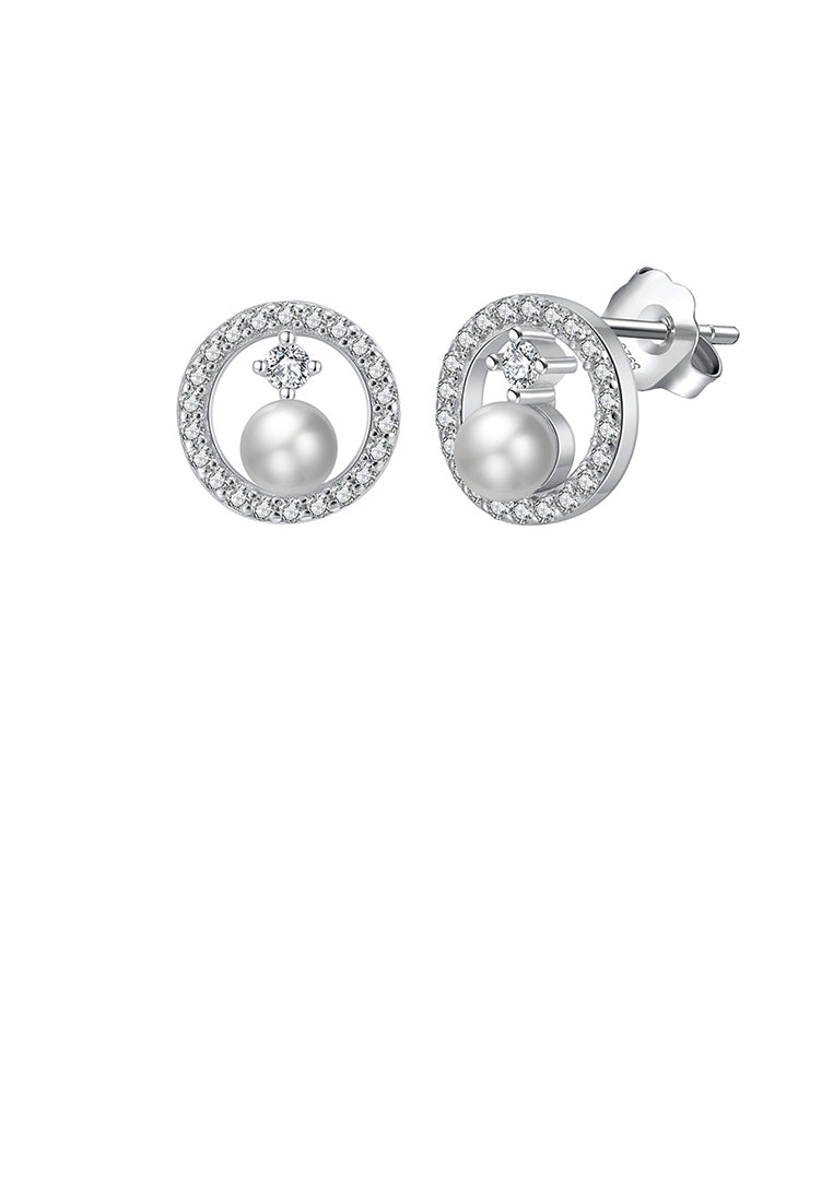 925 Sterling Silver Simple Elegant Geometric Round Imitation Pearl Stud Earrings with Cubic Zirconia - Luxurious Look