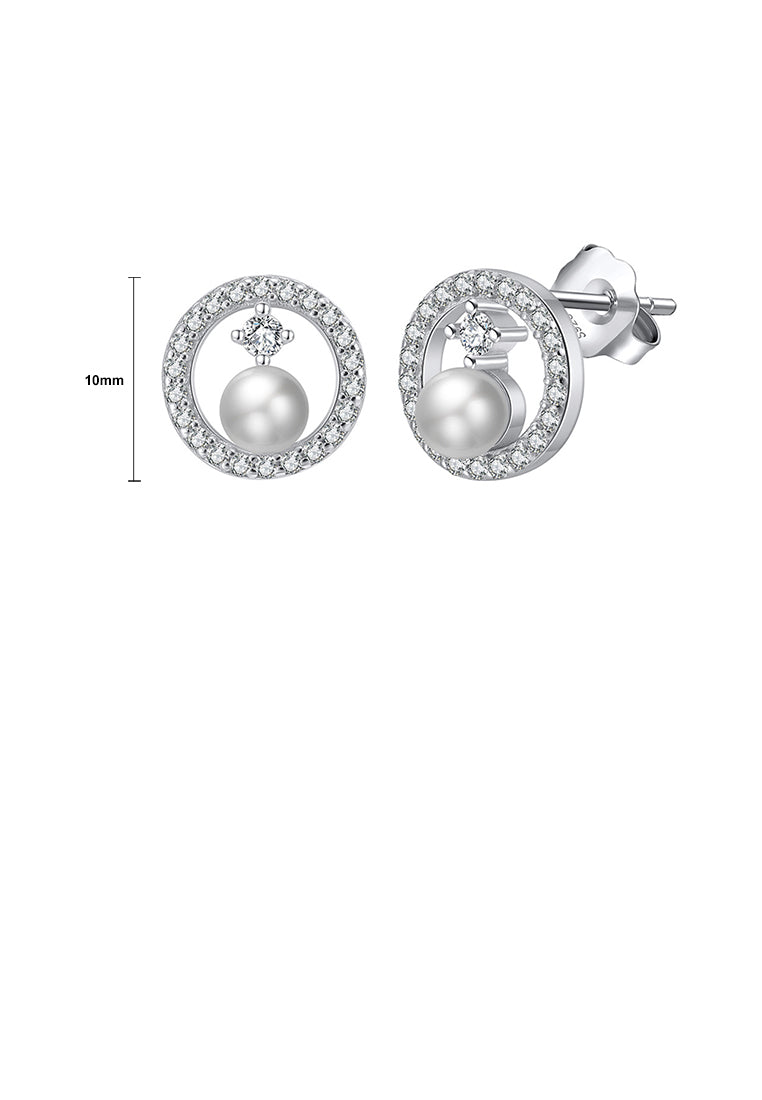 925 Sterling Silver Simple Elegant Geometric Round Imitation Pearl Stud Earrings with Cubic Zirconia - Luxurious Look