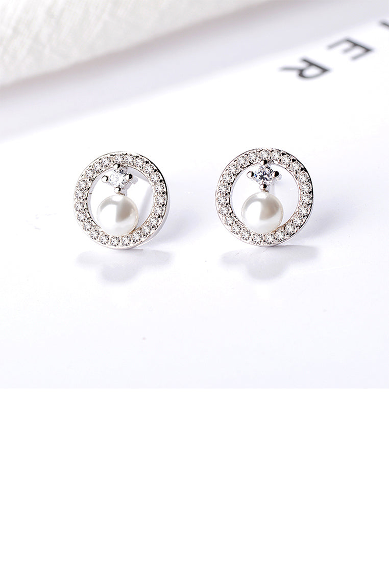 925 Sterling Silver Simple Elegant Geometric Round Imitation Pearl Stud Earrings with Cubic Zirconia - Luxurious Look