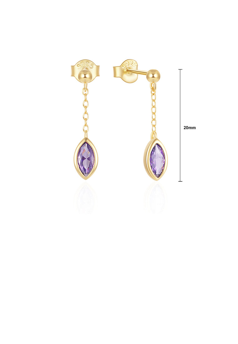 925 Sterling Silver Plated Gold Simple Fashion Geometric Tassel Earrings with Purple Cubic Zirconia - Luxurious Look