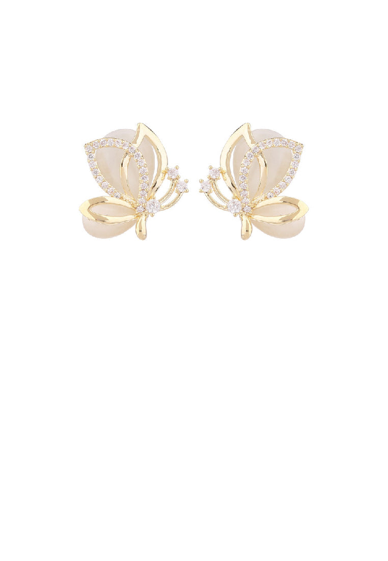 Simple and Elegant Plated Gold Butterfly Imitation Opal Stud Earrings with Cubic Zirconia - Luxurious Look