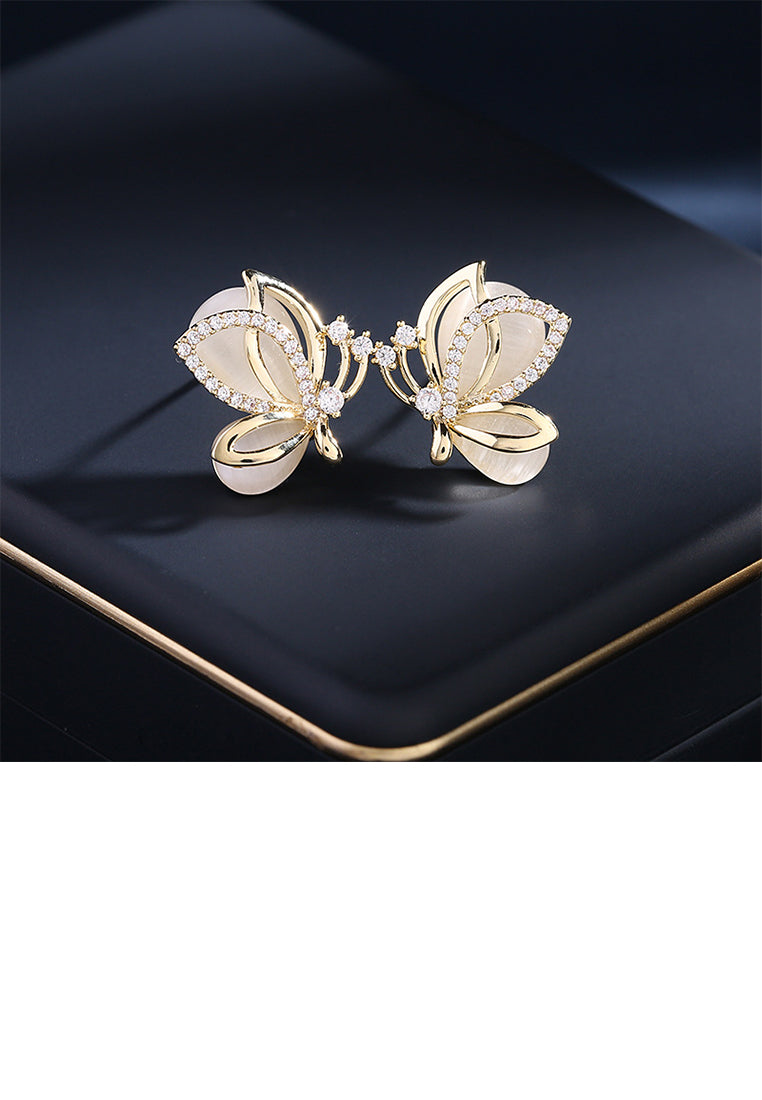 Simple and Elegant Plated Gold Butterfly Imitation Opal Stud Earrings with Cubic Zirconia - Luxurious Look
