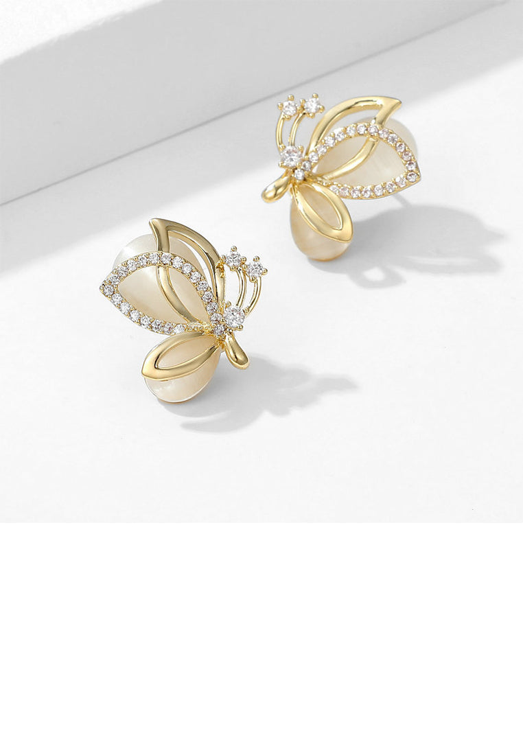 Simple and Elegant Plated Gold Butterfly Imitation Opal Stud Earrings with Cubic Zirconia - Luxurious Look