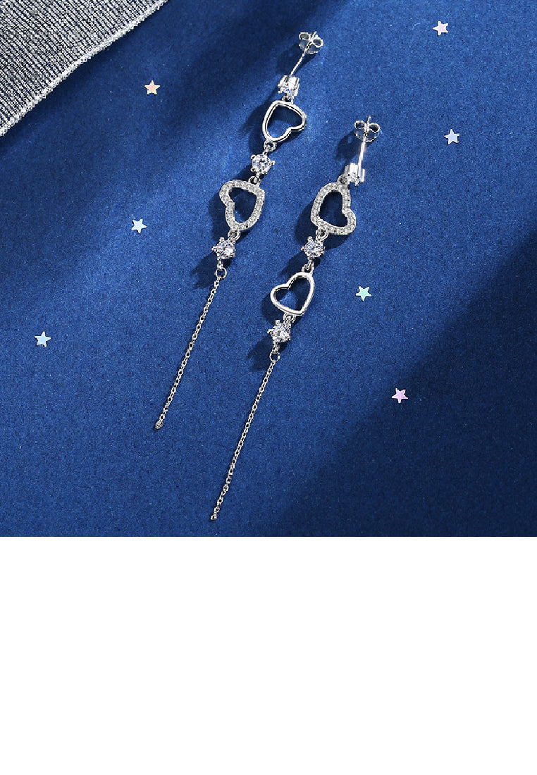 925 Sterling Silver Fashion Simple Hollow Heart Tassel Earrings with Cubic Zirconia - Luxurious Look