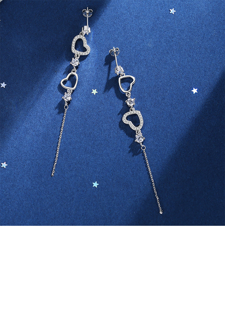 925 Sterling Silver Fashion Simple Hollow Heart Tassel Earrings with Cubic Zirconia - Luxurious Look