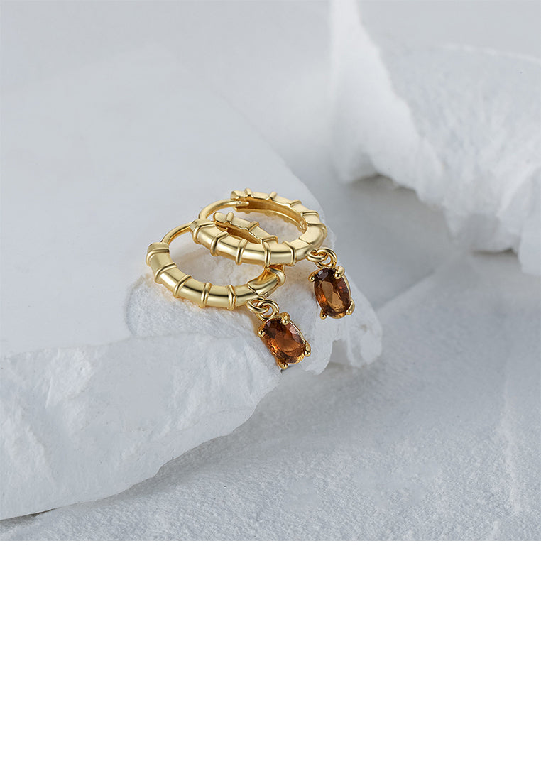 925 Sterling Silver Plated Gold Simple Fashion Stripe Geometric Circle Earrings with Brown Cubic Zirconia - Luxurious Look - Vibrant Color