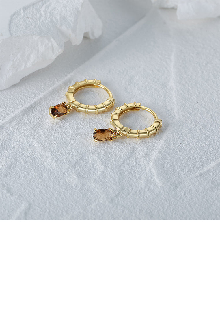 925 Sterling Silver Plated Gold Simple Fashion Stripe Geometric Circle Earrings with Brown Cubic Zirconia - Luxurious Look - Vibrant Color