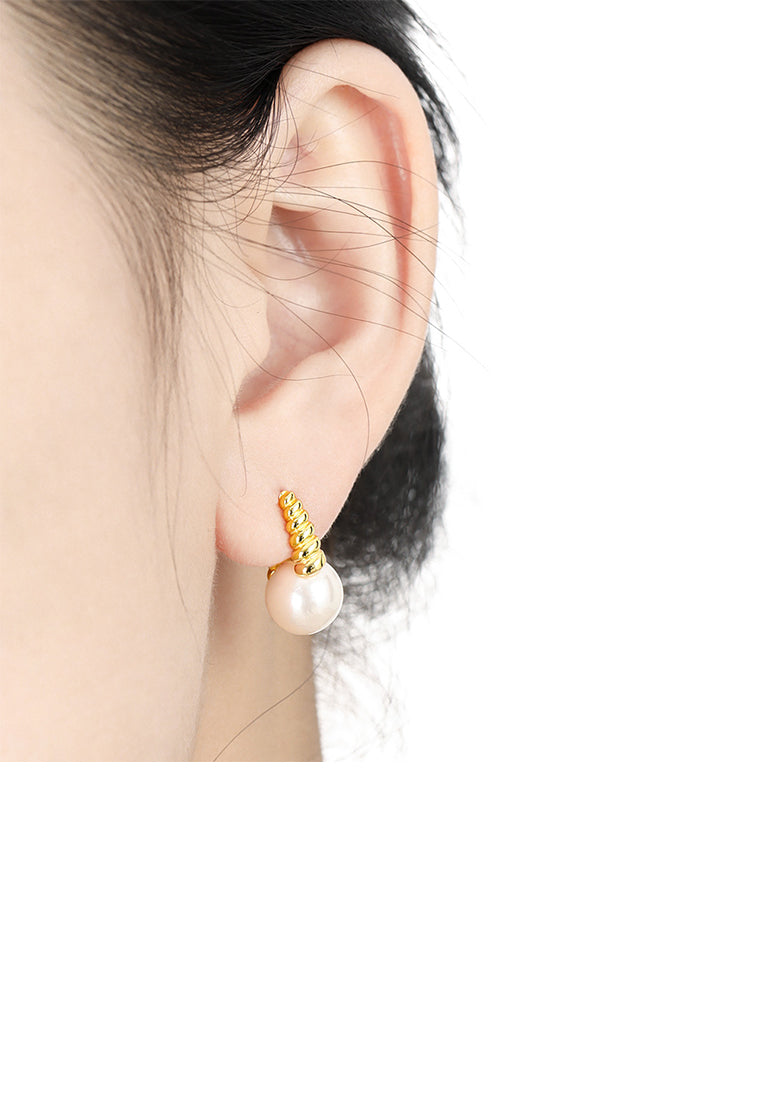 925 Sterling Silver Plated Gold Fashion and Elegant Twist Geometric Earrings with Imitation Pearls