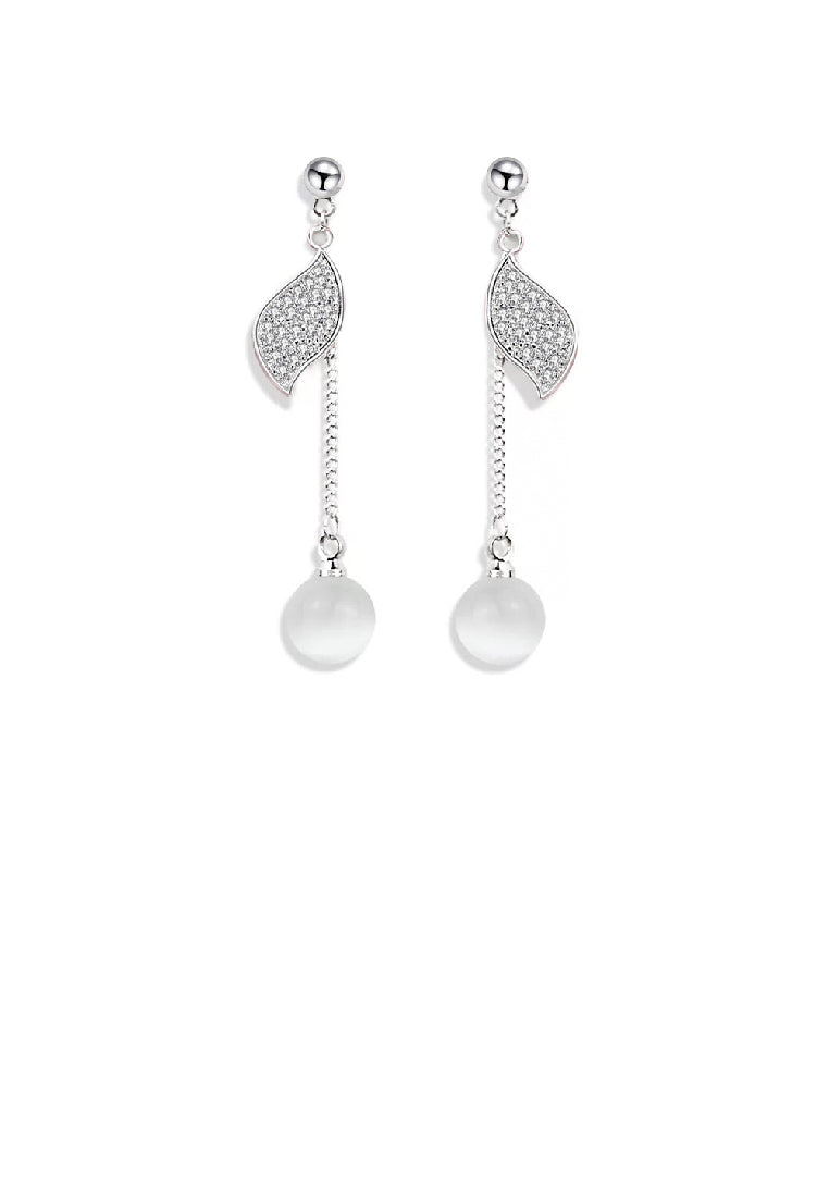 925 Sterling Silver Fashion Simple Leaf Tassel Imitation Opal Earrings with Cubic Zirconia - Luxurious Look