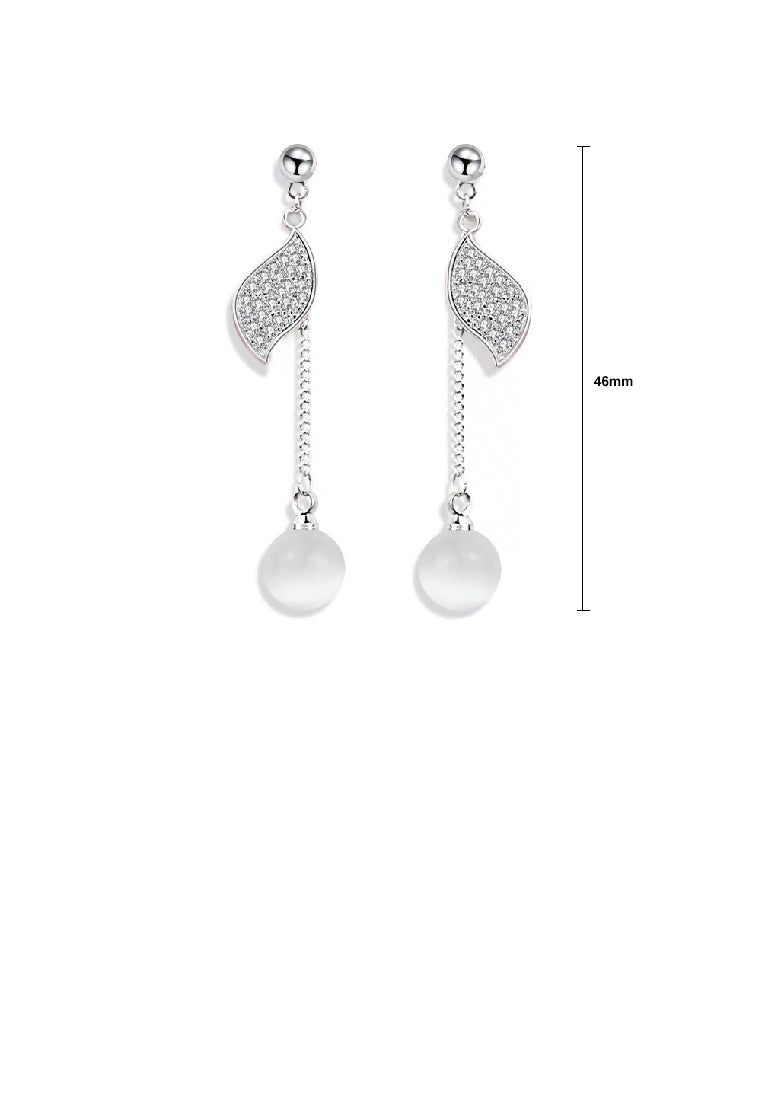 925 Sterling Silver Fashion Simple Leaf Tassel Imitation Opal Earrings with Cubic Zirconia - Luxurious Look