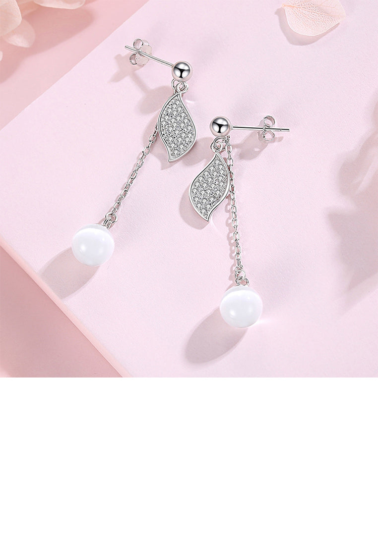 925 Sterling Silver Fashion Simple Leaf Tassel Imitation Opal Earrings with Cubic Zirconia - Luxurious Look