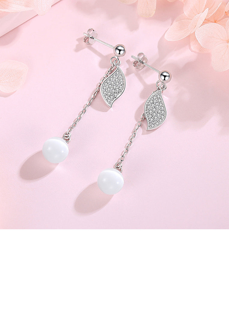 925 Sterling Silver Fashion Simple Leaf Tassel Imitation Opal Earrings with Cubic Zirconia - Luxurious Look