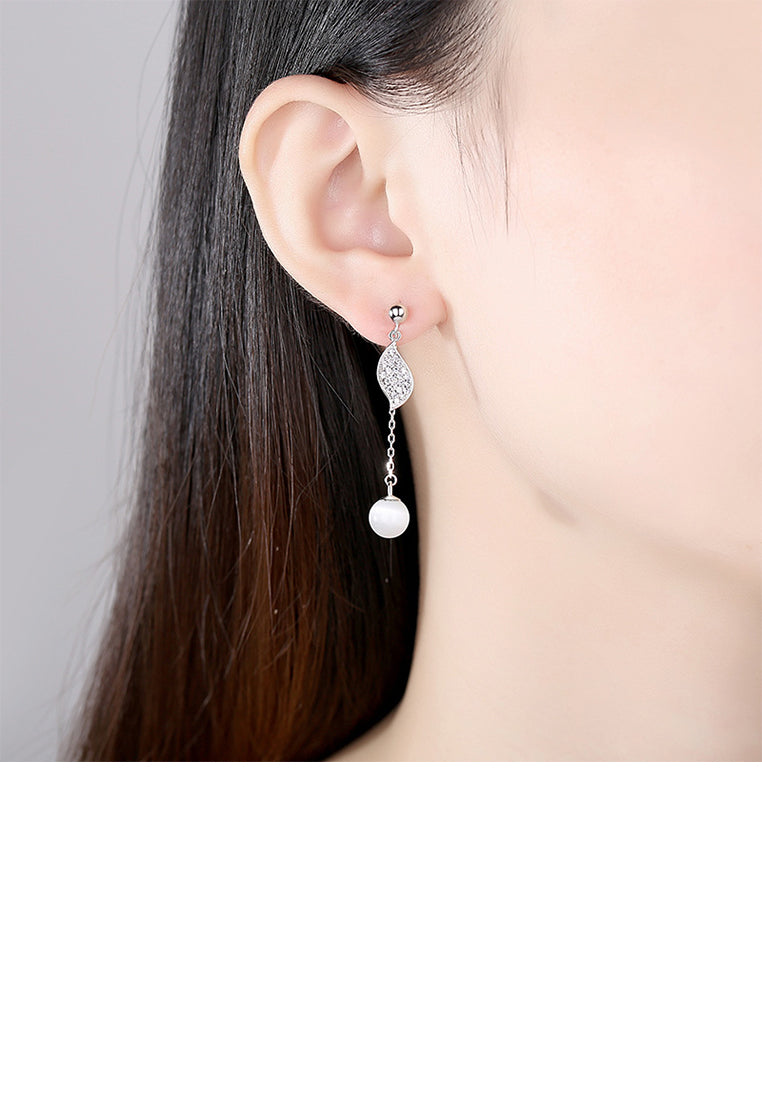 925 Sterling Silver Fashion Simple Leaf Tassel Imitation Opal Earrings with Cubic Zirconia - Luxurious Look