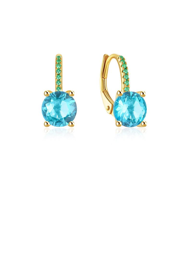 925 Sterling Silver Plated Gold Simple Brilliant Geometric Round Earrings with Blue Cubic Zirconia - Luxurious Look