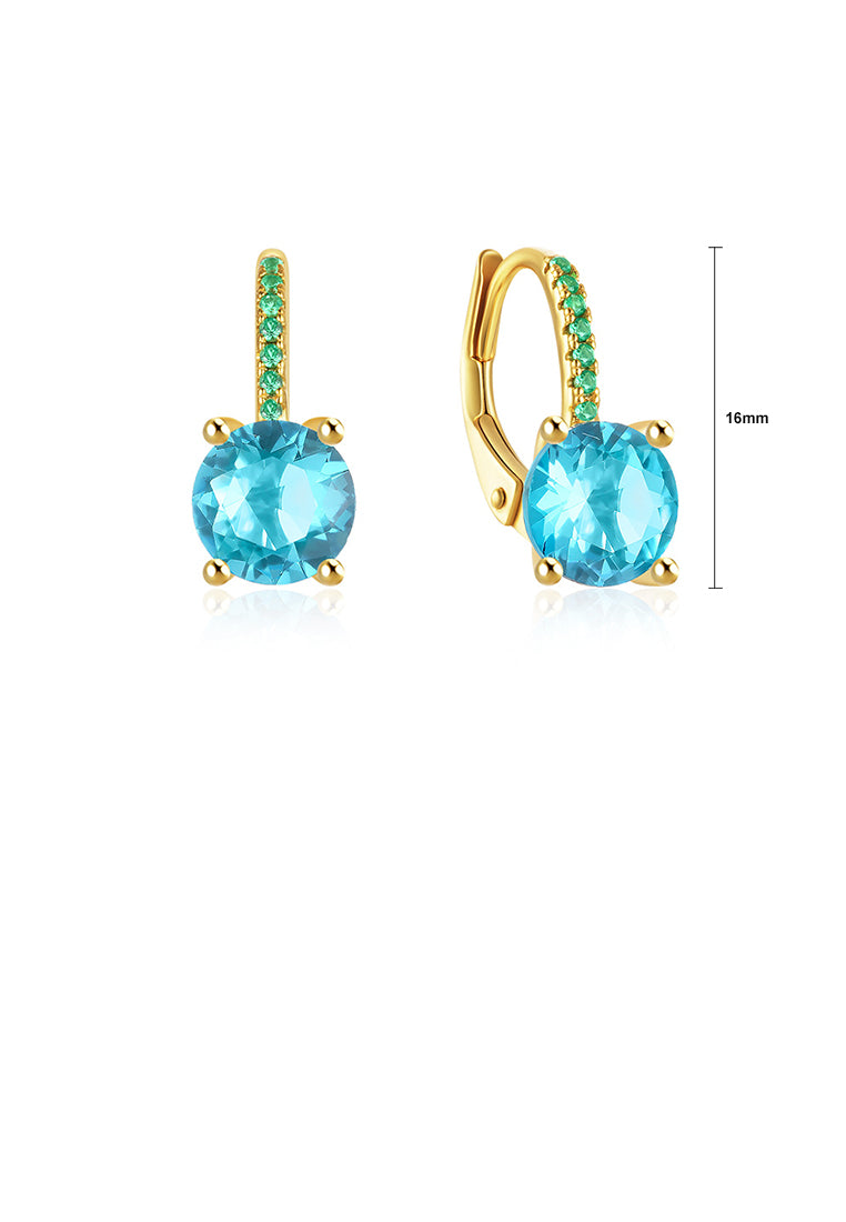 925 Sterling Silver Plated Gold Simple Brilliant Geometric Round Earrings with Blue Cubic Zirconia - Luxurious Look