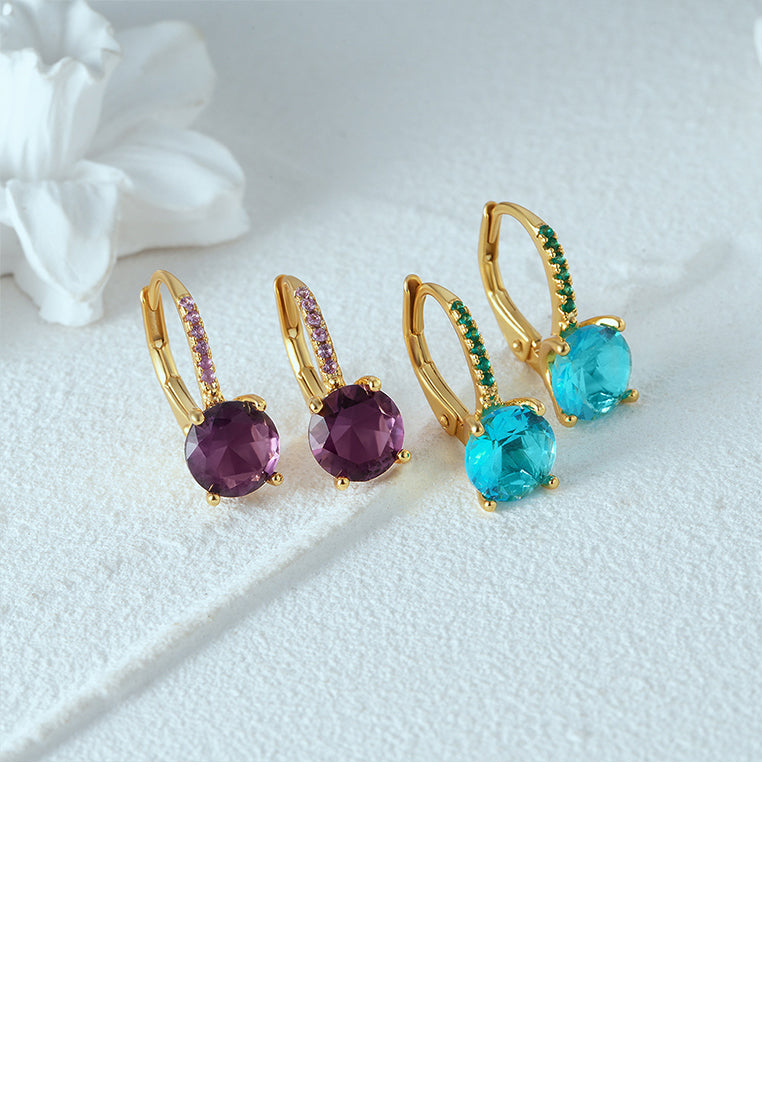 925 Sterling Silver Plated Gold Simple Brilliant Geometric Round Earrings with Blue Cubic Zirconia - Luxurious Look