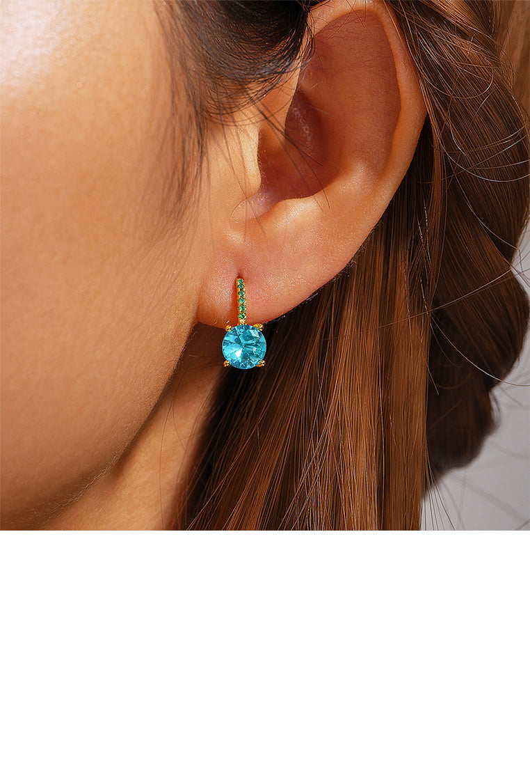 925 Sterling Silver Plated Gold Simple Brilliant Geometric Round Earrings with Blue Cubic Zirconia - Luxurious Look